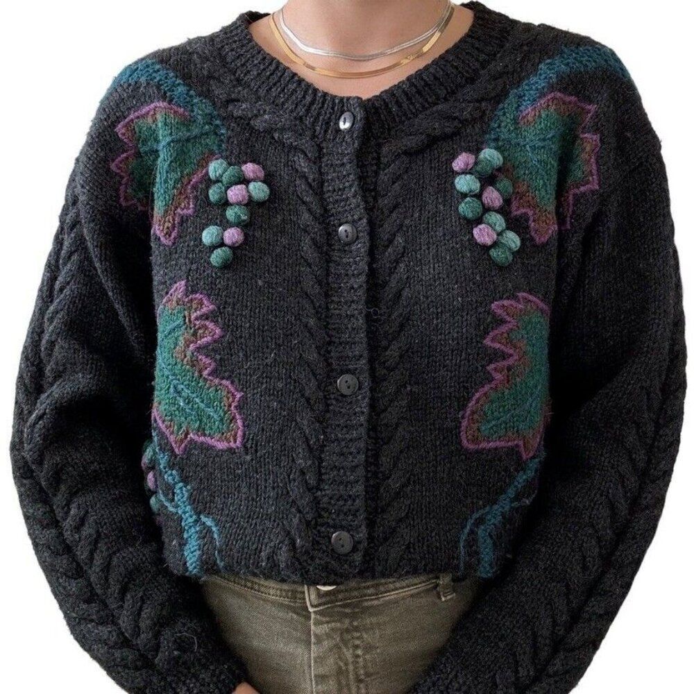 Vintage 1980s Boston Traders Black Wool Chunky Floral Embroidered Cardigan Sz M
